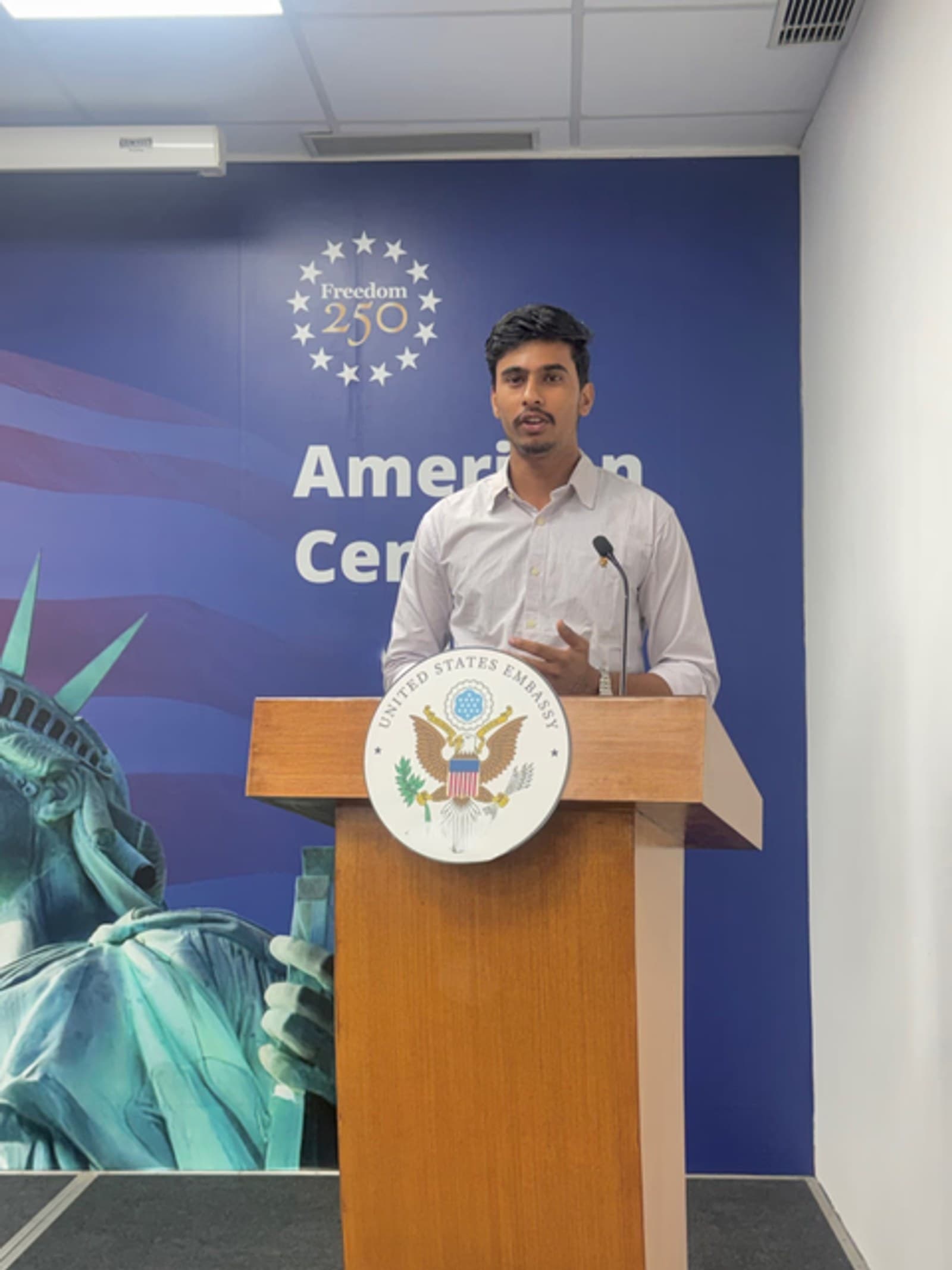 Aaryan Choudhary speaking at the U.S. Embassy American Center